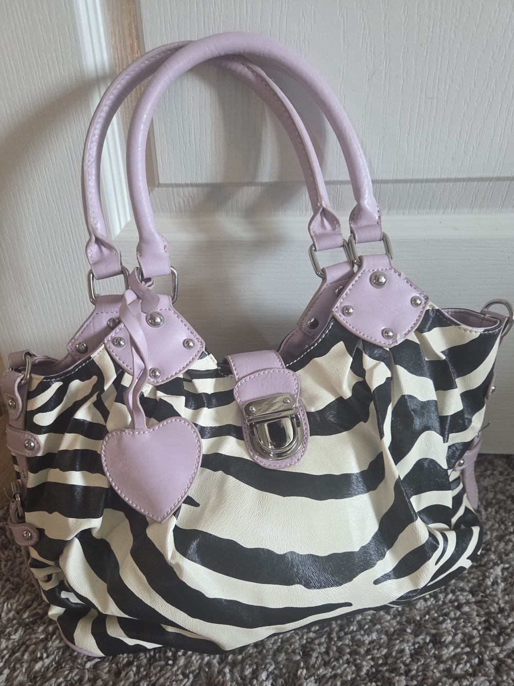 Lavender Trim Zebra-Print Satchel Bag